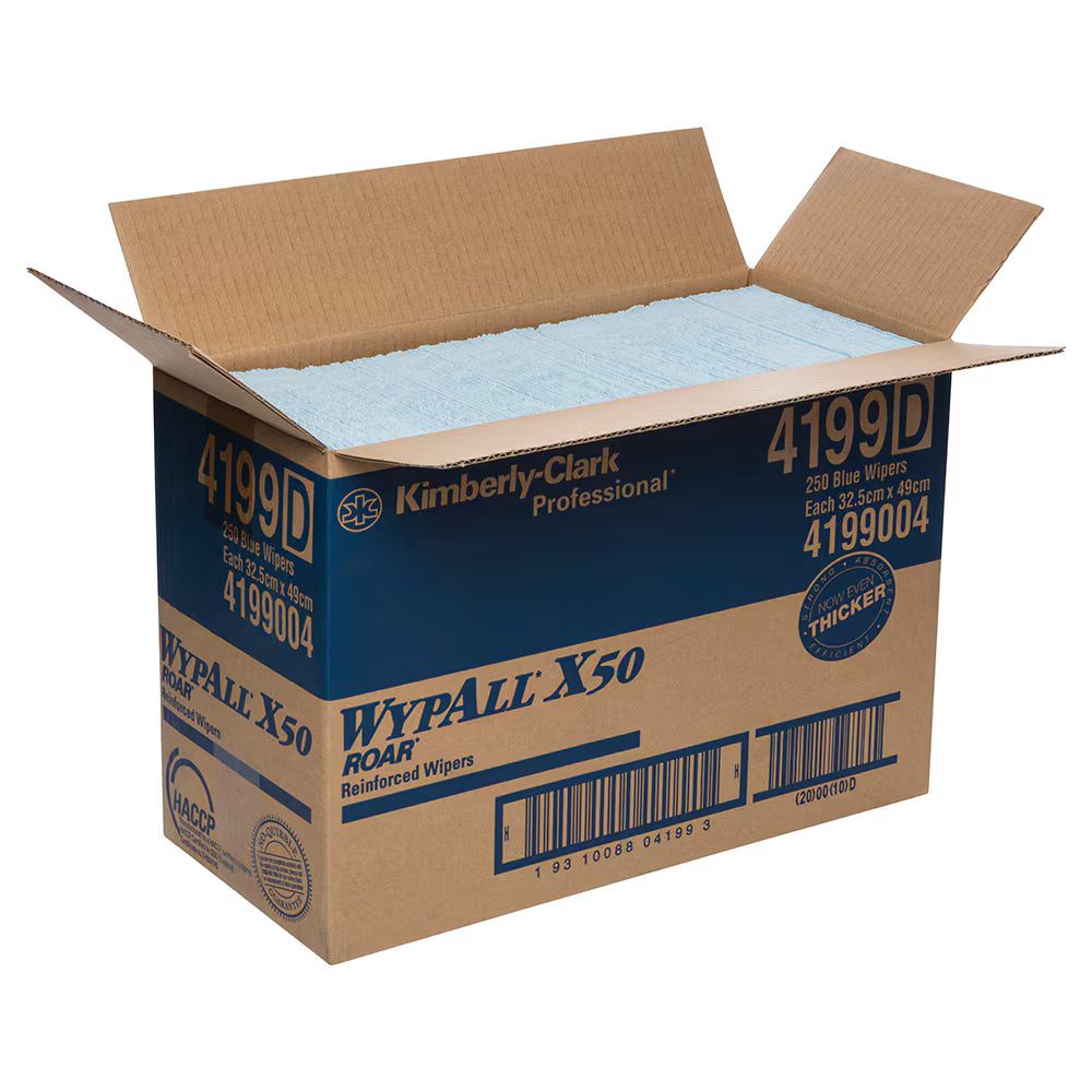 WypAll X50 Reinforced Single Sheet Blue Wipers – 250 Wipers/Box