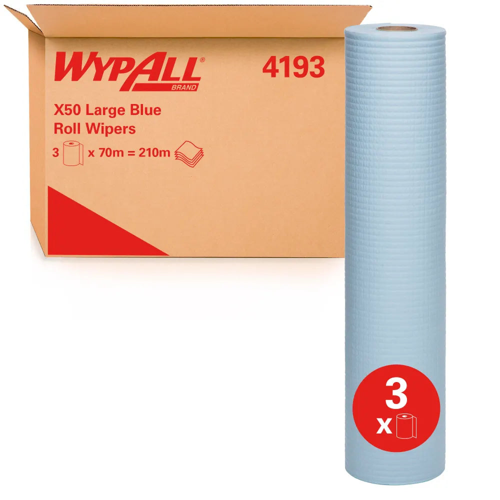 WypAll X50 Large Blue Roll Wipers - 70m/Roll, 3 Rolls/Case (210m)