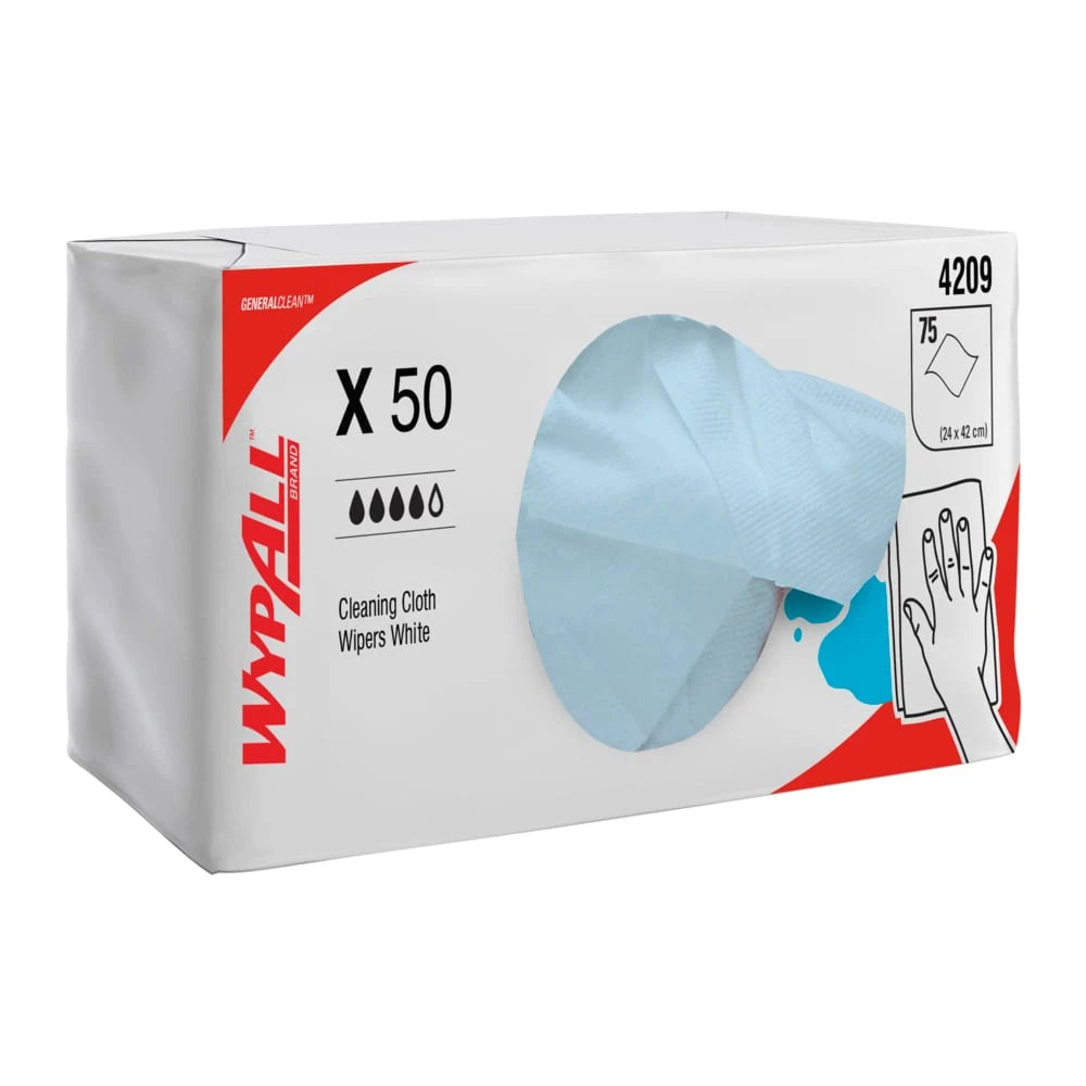 WypAll X50 Single Sheet Blue Wipers – 8 Packs/Case, 75 Wipers/Pack (600 Total), 24x42cm