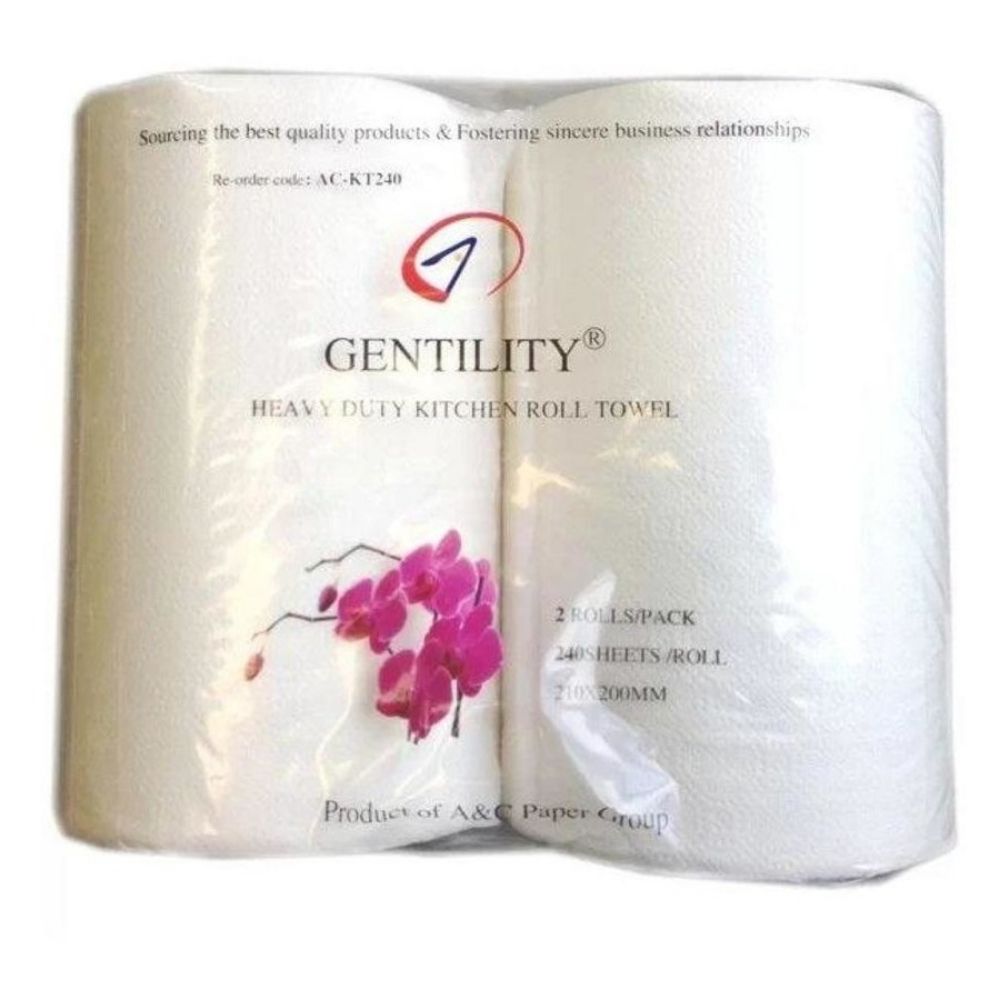 Gentility 2-Ply Kitchen Paper Towels Roll, 22x21cm, 240 Sheets – 12 Rolls/Carton