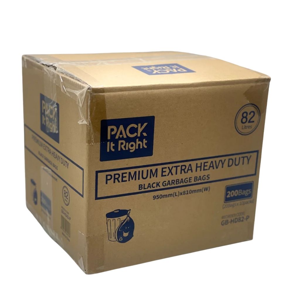 Pack It Right Premium Extra Heavy Duty 82L Black HDPE Garbage Bags – 200pcs