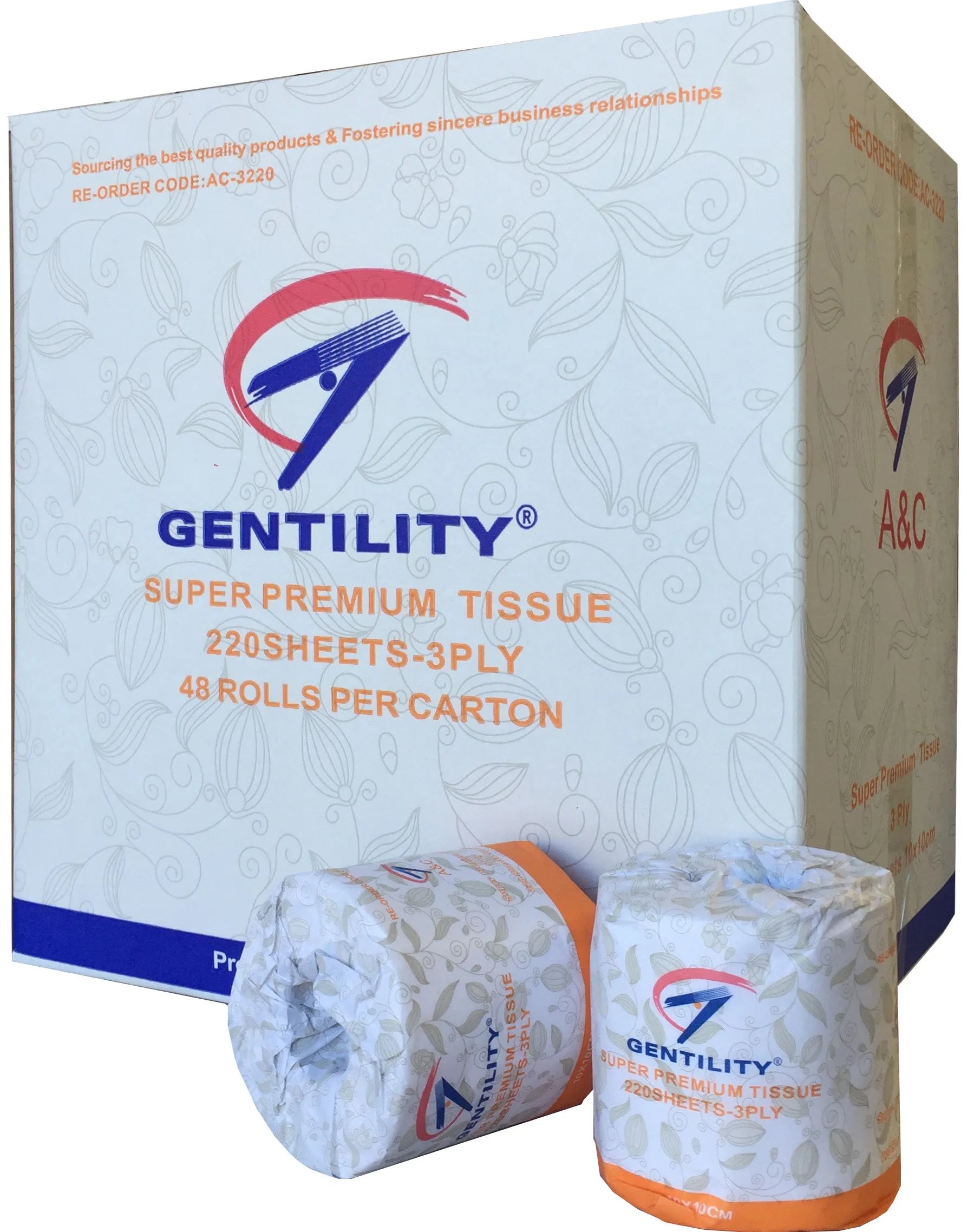 Gentility super premium tissue packaging with two rolls in front
