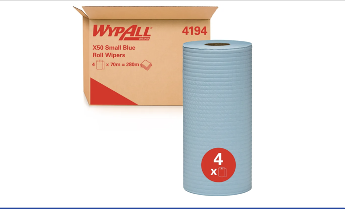 WypAll X50 Small Blue Roll Wipers - 70m/Roll, 4 Rolls/Case (280m)