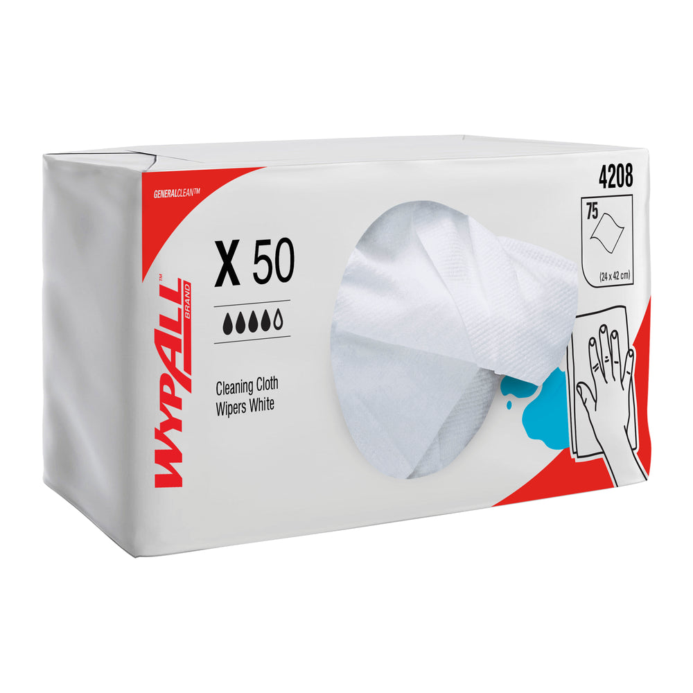 WypAll X50 Single Sheet White Wipers – 8 Packs/Case, 75 Wipers/Pack (600 Total), 24x42cm