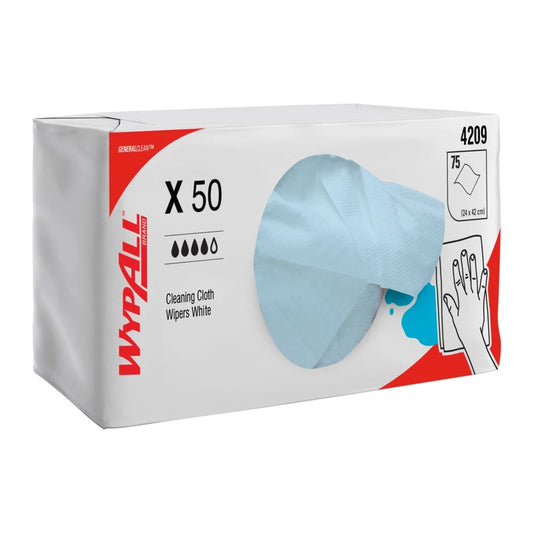 WypAll X50 Single Sheet Blue Wipers – 8 Packs/Case, 75 Wipers/Pack (600 Total), 24x42cm