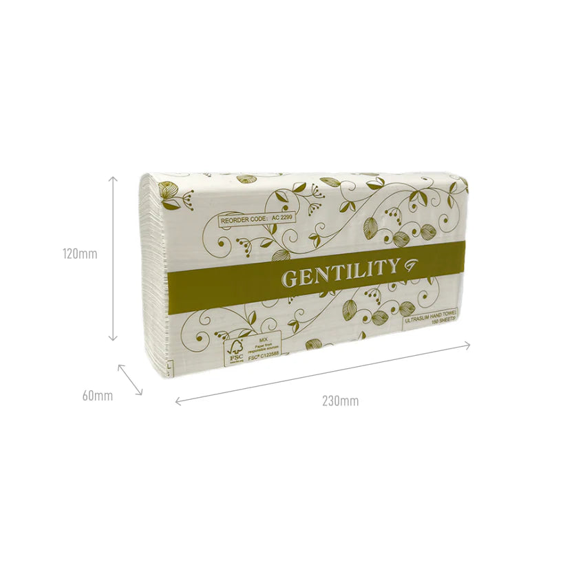 Packaged product with 'Gentility' branding and dimensions on a white background