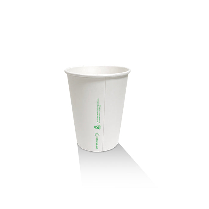 8oz white single wall aqueous coated paper cup, home compostable, for hot drinks