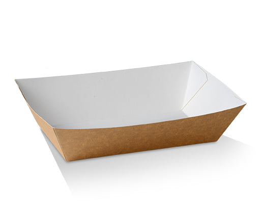 Large brown cardboard takeaway tray No.4 with white interior, suitable for chips, snacks and tacos