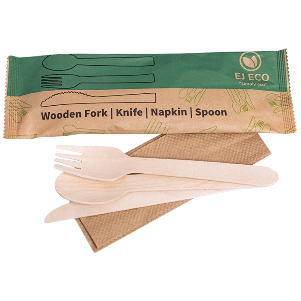 EJEco  Wooden Cutlery Set – Fork, Knife, Spoon & Napkin (400 pcs)