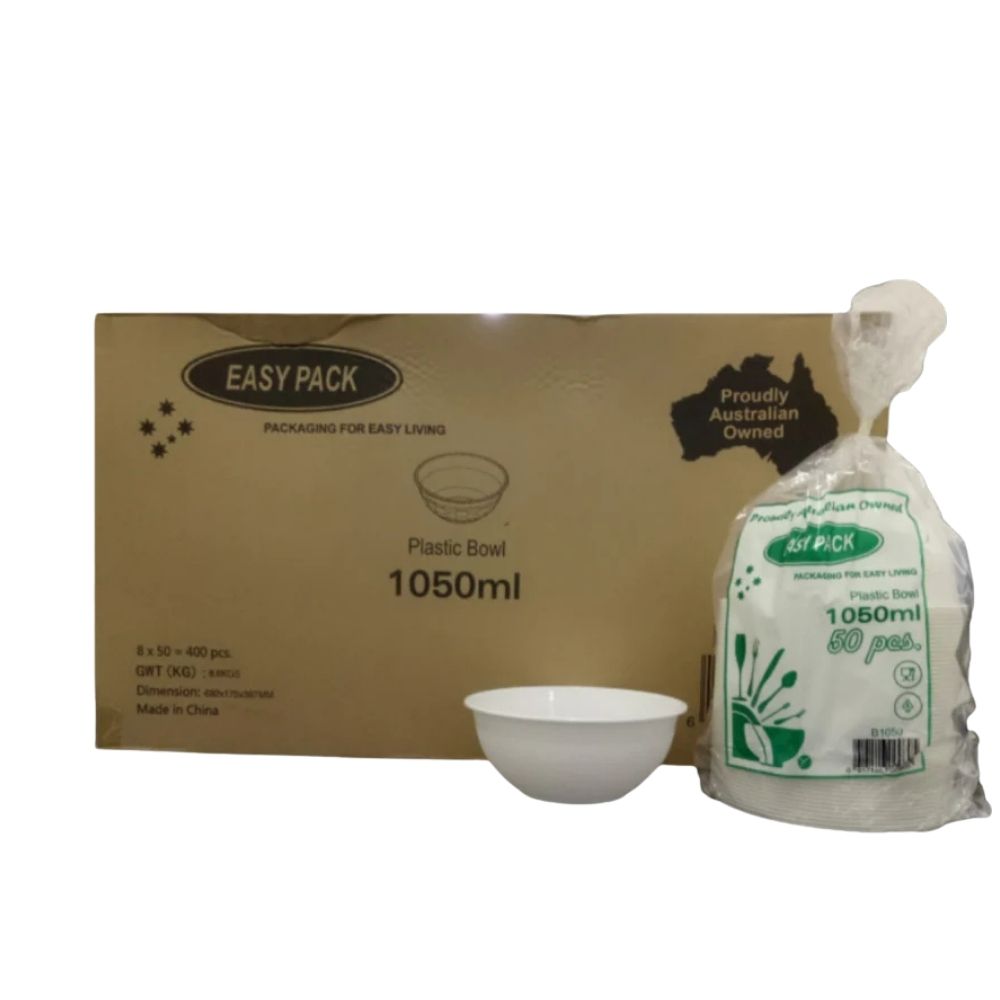 Easy Pack 1050ml White Plastic Bowls with lid  – 400pcs Bulk Pack