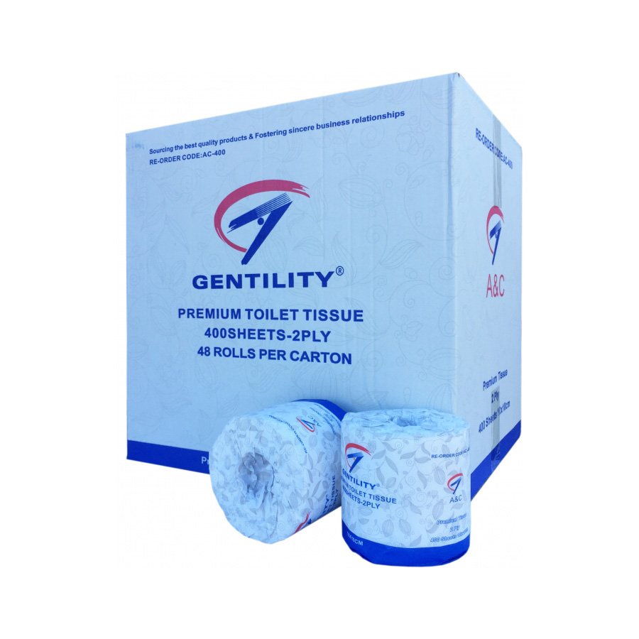 Box of Gentility premium toilet tissue with two rolls in front on a white background
