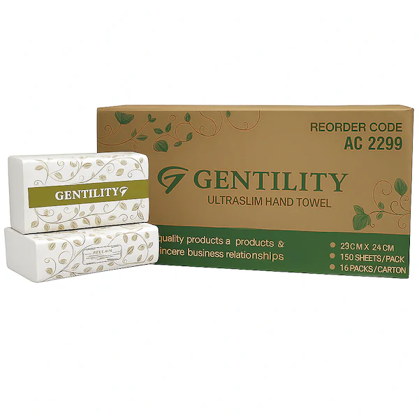 Gentility ultraslim hand towel packaging with white towels and brown box on a white background