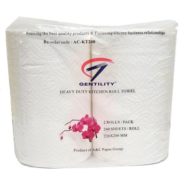 Gentility heavy duty kitchen roll towels packaging with brand logo and product details.