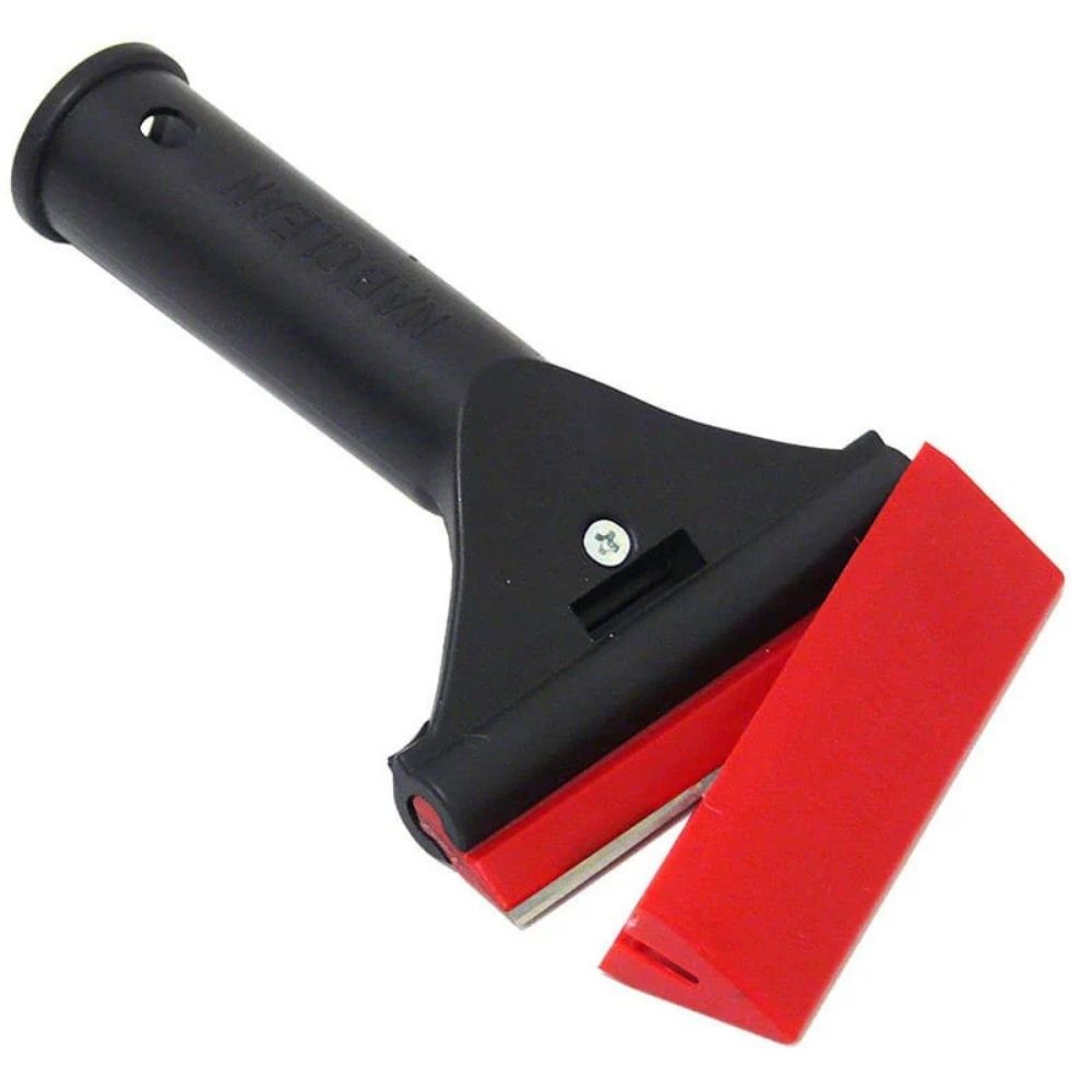 nab small window scraper with ergonomic handle and spare blades for removing debris from glass

