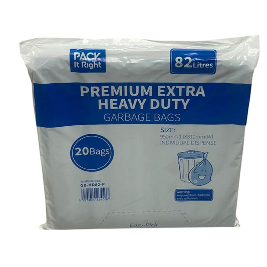 Pack It Right Premium Extra Heavy Duty 82L Black HDPE Garbage Bags – 200pcs