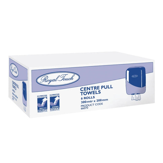 Royal Touch Centre Pull Hand Towels – 6 Rolls × 300 m