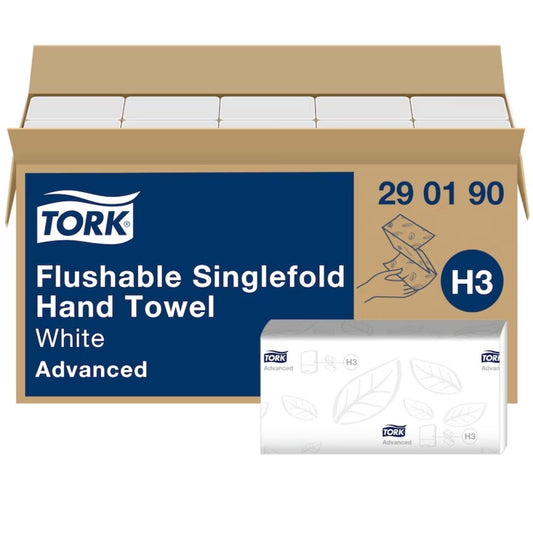 Tork Flushable Singlefold Hand Towels – Premium 2-Ply Paper Towels for Commercial Washrooms