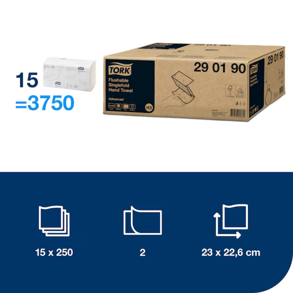 Tork Flushable Singlefold Hand Towels – Premium 2-Ply Paper Towels for Commercial Washrooms
