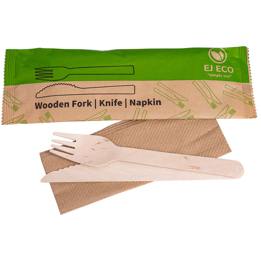 Wooden Cutlery Set – 16cm Knife, Fork & Napkin (400/Box)