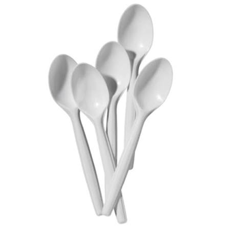 White disposable plastic dinner spoons bulk carton of 1000 - single-use cutlery for restaurants, catering, cafes, and food service events