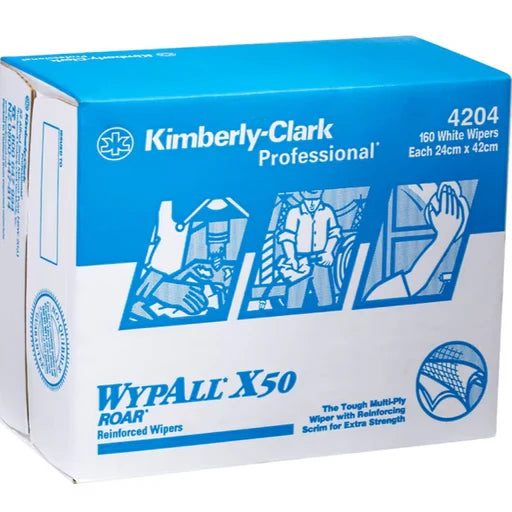 WypAll X50 Pop-Up White Wipers – 4 Boxes/Case, 160 Wipers/Box (640 Total), 24x42cm